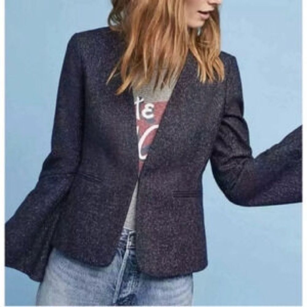 ANTHROPOLOGIE CARTONNIER WOMENS NAVY WOOL BLEND PINSTRIPE BLAZER SIZE 6